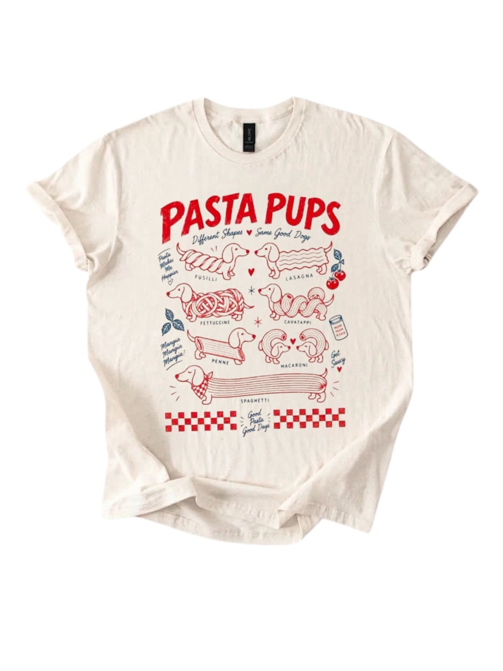 Gildan Cream Dog T-Shirt with Red & Navy 'Pasta Pups' Graphic